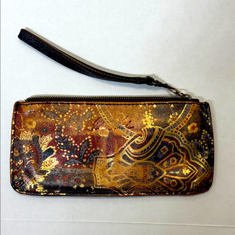 Patricia Nash Leather Wristlet Brown Gold Blue 10 Inch